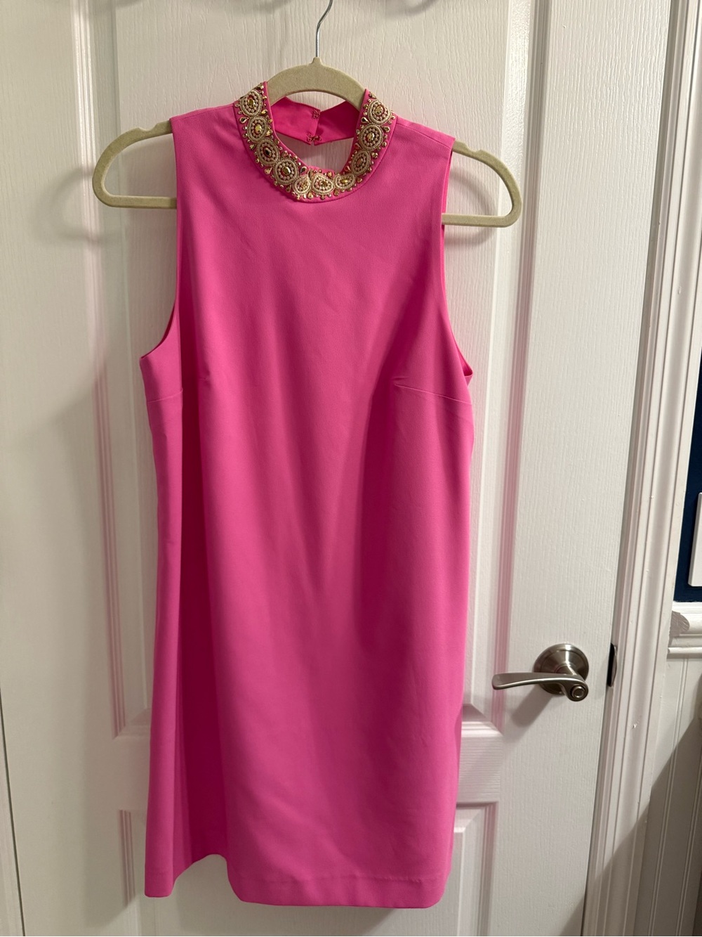 Lilly Pulitzer Hot Pink Sleeveless Shift Dress with Gold Beaded Collar